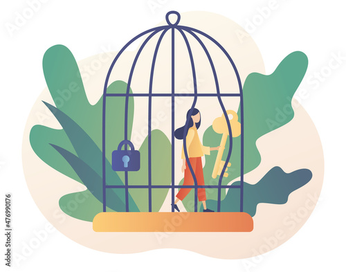 Tiny woman step out of cage. Freedom concept. Сomfort zone metaphor. Inner prison. Personal development. Mind prison psychological. Modern flat cartoon style. Vector illustration on white background