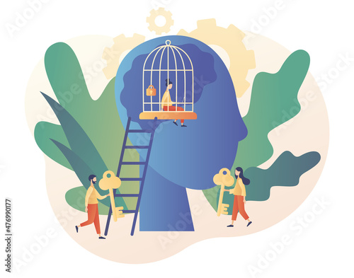 Tiny woman in cage mind. Freedom concept. Psychological prison. Сomfort zone metaphor. Inner prison. Personal development. Modern flat cartoon style. Vector illustration on white background