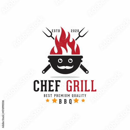 chef grill logo design, chef face in grill and fire fork spatula logo, barbeque, restaurant logo, smoke and grills vector template