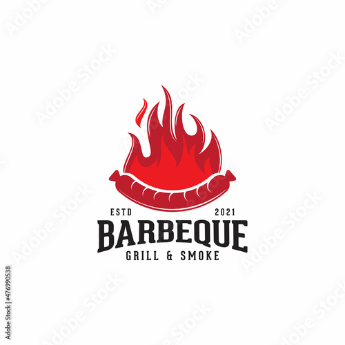 sausage and fire logo design, barbeque logo,grill and smoke, hot meat,skewer ,vector template icon