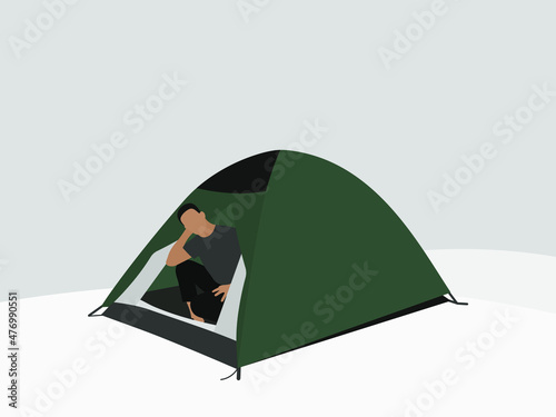 Male character in a tent in winter