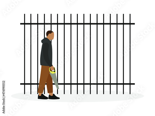Male character with a saw in hand stands near an iron fence on a white background