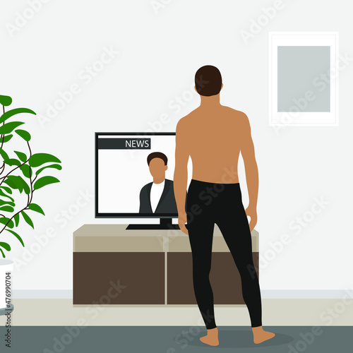 Male character in underpants watching the news on tv in the living room
