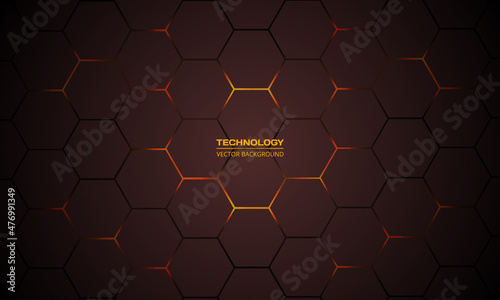 Dark red hexagonal technology vector abstract background. Orange bright energy flashes under hexagon in modern technology futuristic background vector illustration. Dark red honeycomb texture grid.