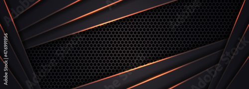 Dark grey abstract wide horizontal banner with hexagon carbon fiber grid and orange luminous lines. Technology vector background with orange neon lines. Futuristic luxury modern vector backdrop.