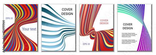 A set of 4 abstract covers. Wavy parallel gradient lines, ribbons evolve. Cover design, background. Trendy banner, poster.