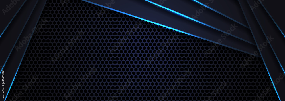 Dark abstract wide horizontal banner with hexagon carbon fiber grid. Technology background with blue luminous lines. Futuristic luxury modern backdrop. Dark abstract wide horizontal banner with hexagon carbon fiber grid. Technology background with blue luminous lines. Futuristic luxury modern backdrop.