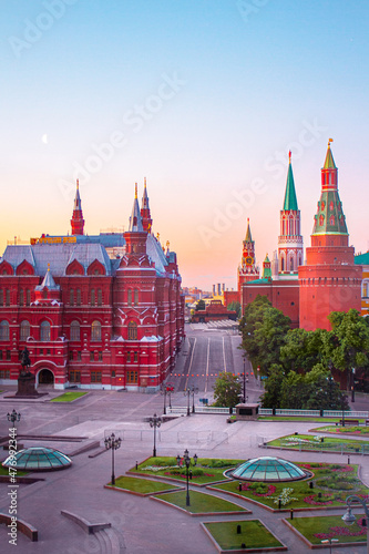 panoramic view of the center of Moscow at dawn: the historical museum, red square and the kremlin