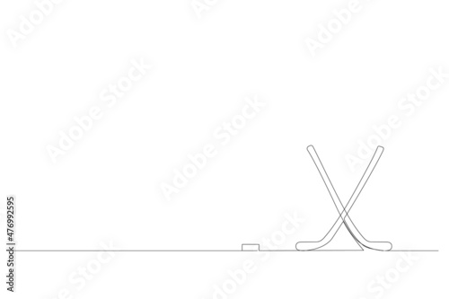 Hockey sticks and puck. Hockey stick, sports ice, play equipment, goal or competition, leisure. Continuous line drawin. Vector illustration.
