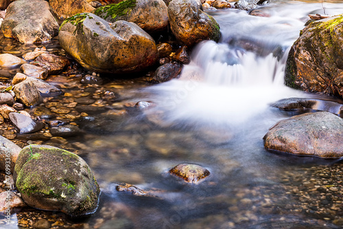 Close-up of a river with silky water effect.The photo has been shot on the Alba route that starts from the famous Asturian town Soto de Agues.
