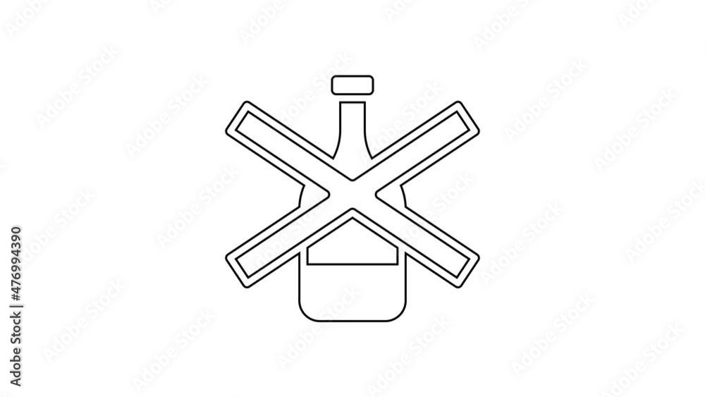 Black line No alcohol icon isolated on white background. Prohibiting alcohol beverages. Forbidden symbol with beer bottle glass. 4K Video motion graphic animation Black line No alcohol icon isolated on white background. Prohibiting alcohol beverages. Forbidden symbol with beer bottle glass. 4K Video motion graphic animation