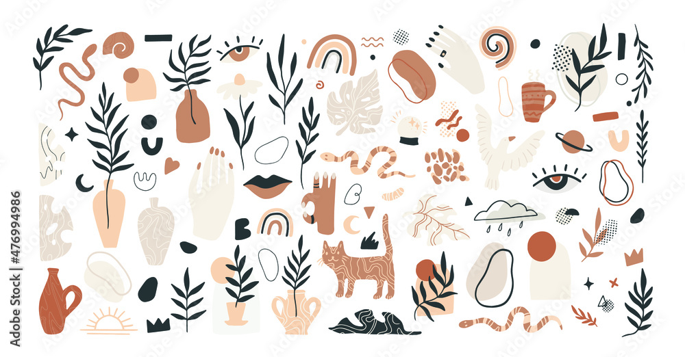 boho chic tropical hand drawn abstract illustrations and clipart elements for graphic design. plants snakes, shapes and nature doodles in simple terracotta style. trendy contemporary art graphics