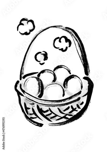 籠に入った温泉卵の手描き筆描きイラスト　モノクロ