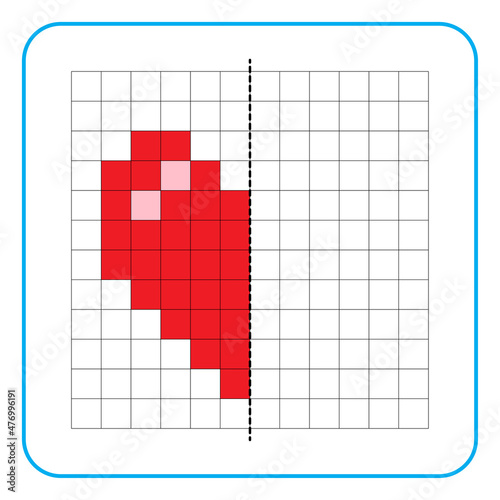 Picture reflection educational game for kids. Learn to complete symmetry worksheets for preschool activities. Coloring grid pages, visual perception and pixel art. Complete the love heart symbol.