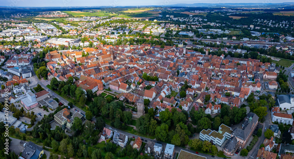 Aerial view around the city Villingen-Schweningen in Germany in the black forest on a cloudy day in summer.