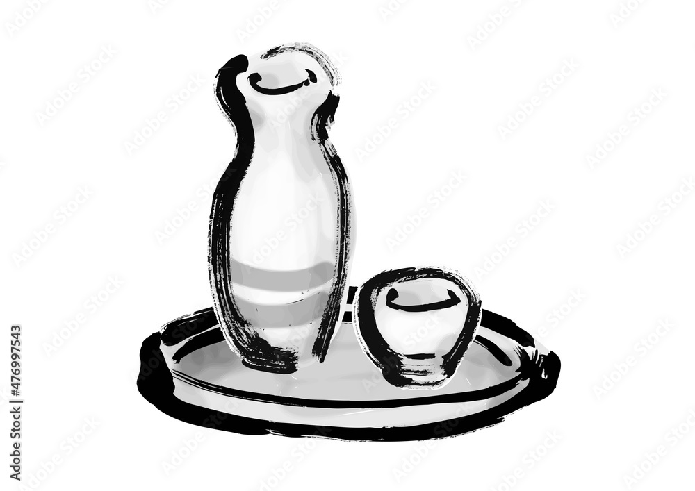 徳利に入ってお盆に乗った日本酒の手描き筆描きイラスト モノクロ Stock Vector Adobe Stock