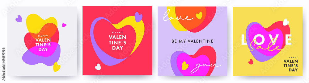 Creative concept of Happy Valentines Day cards set. Modern Design templates with liquid hearts in modern overlay style for celebration and decoration, branding, banner, cover, label, poster, sales - obrazy, fototapety, plakaty 