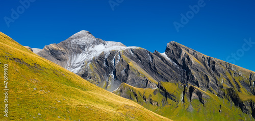 Mountains peaks. Natural landscape. Mountain range and clear blue sky.