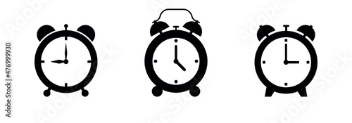 Alarm clock black silhouette icons set isolated on white background. Design element for websites and mobile applications. Flat design style. Vector illustration.