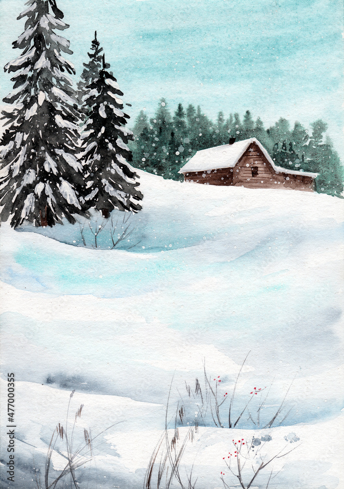 Watercolor illustration of a wooden house in a snowy forest, with fir trees and distant line of trees on the horizon