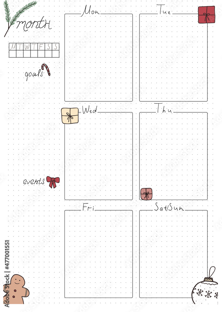 Printable A4 paper sheet, bullet journal page with hand drawn xmas ...