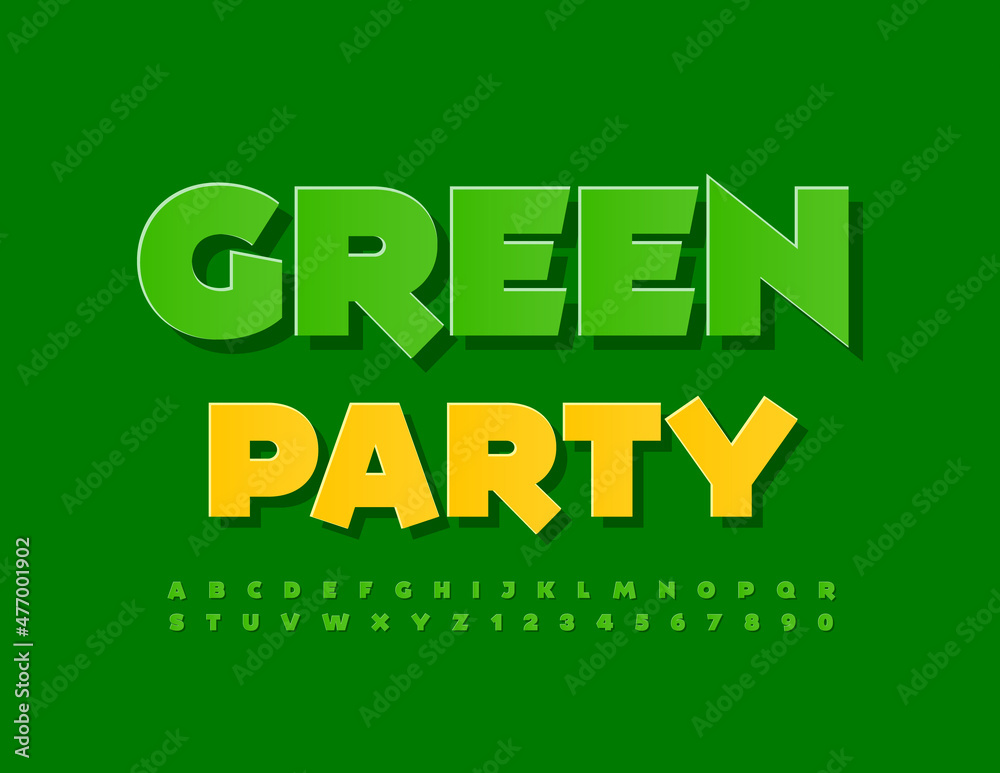 Vector creative logo Green Store with Glossy unique Font. Gradient colored Alphabet Letters and Numbers set Vector creative logo Green Store with Glossy unique Font. Gradient colored Alphabet Letters and Numbers set