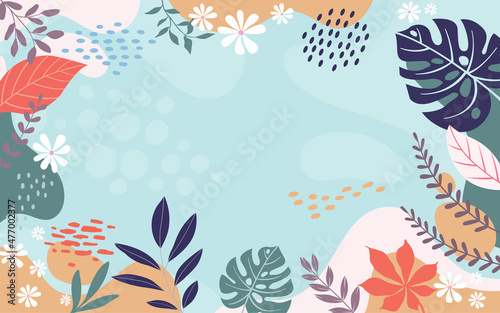 Design banner frame flower Spring background with beautiful. flower background for design. Colorful background with tropical plants. Place for your text. 