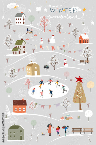 Winter wonderland landscape background with people celebration and kids having fun at park in village.Vector illustration Cute cartoon for greeting card or banner for Christmas or New Year 2022