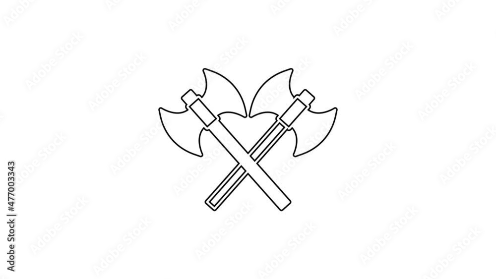 Black line Crossed medieval axes icon isolated on white background. Battle axe, executioner axe. Medieval weapon. 4K Video motion graphic animation Black line Crossed medieval axes icon isolated on white background. Battle axe, executioner axe. Medieval weapon. 4K Video motion graphic animation