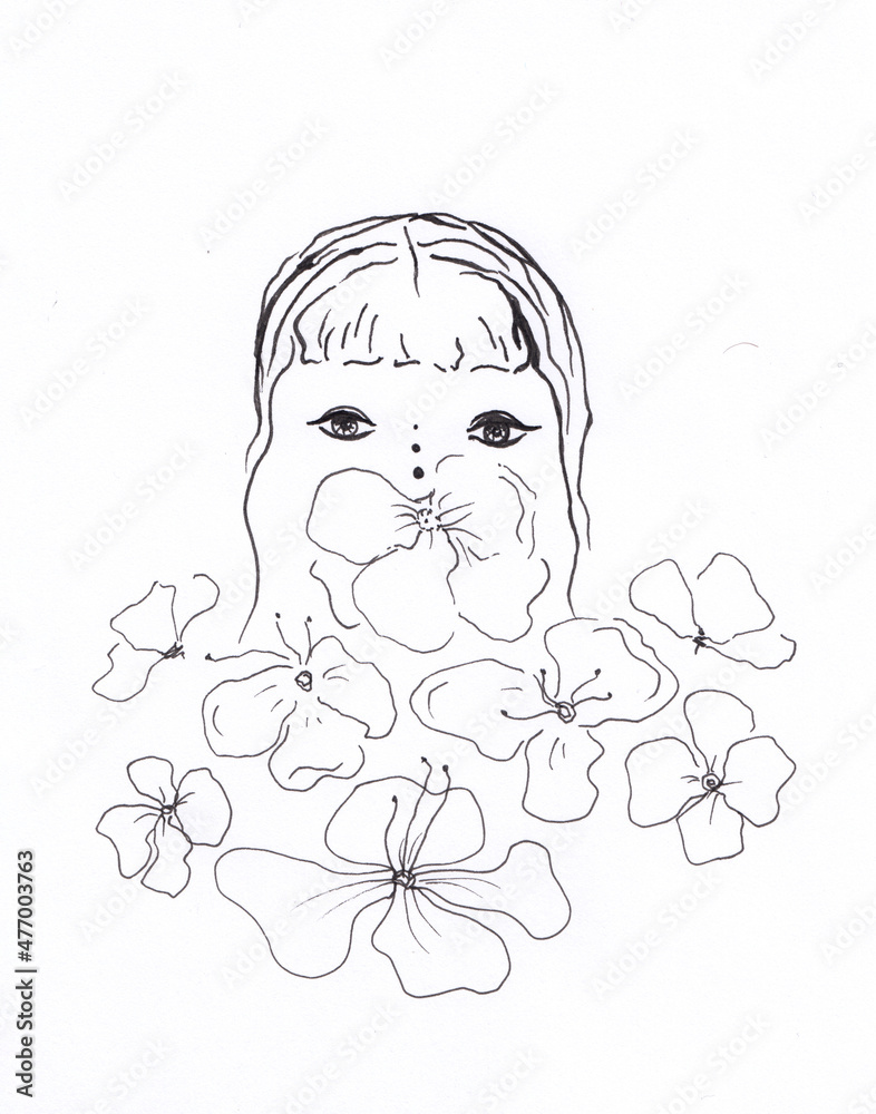 Obraz premium Abstract ink sketch drawing of pretty girl face with flowers. Surrealistic people art. Original monochrome fantastic artwork. Use for fabric print, card, poster. Peaceful floral illustration.
