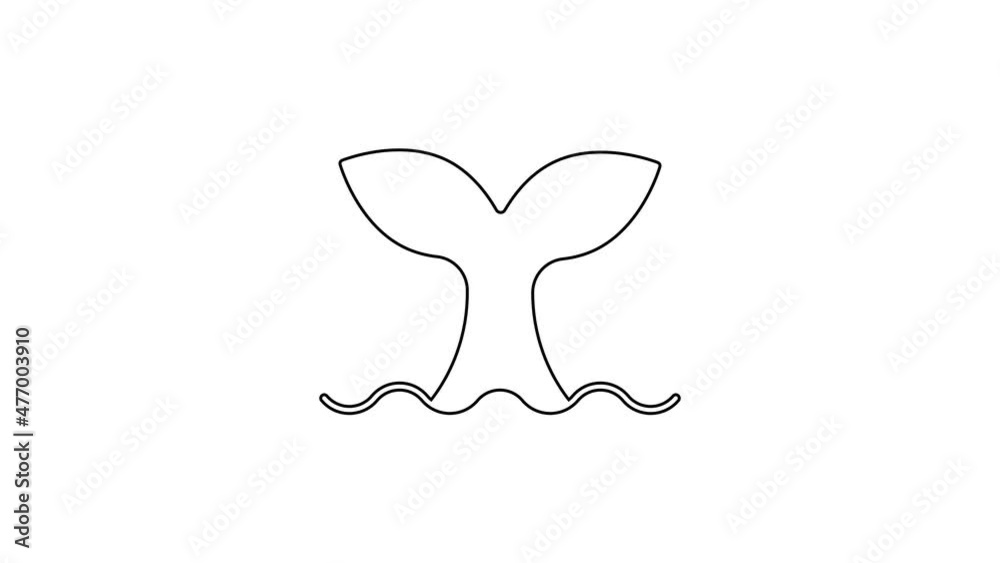 Black line Whale tail in ocean wave icon isolated on white background. 4K Video motion graphic animation Black line Whale tail in ocean wave icon isolated on white background. 4K Video motion graphic animation