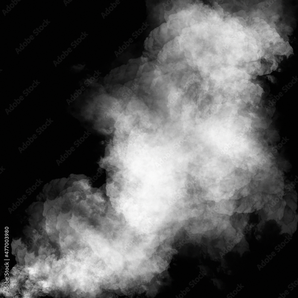 Close-up view of white water vapor with spray from the humidifier. Isolated on black background.