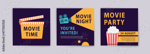 Movie time. Movie night. Movie Party. Cinema poster template. Templates for banners, social media post ads, cards and posters.