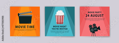 Movie time. Movie night. Movie Party. Cinema poster template. Templates for banners, social media post ads, cards and posters.