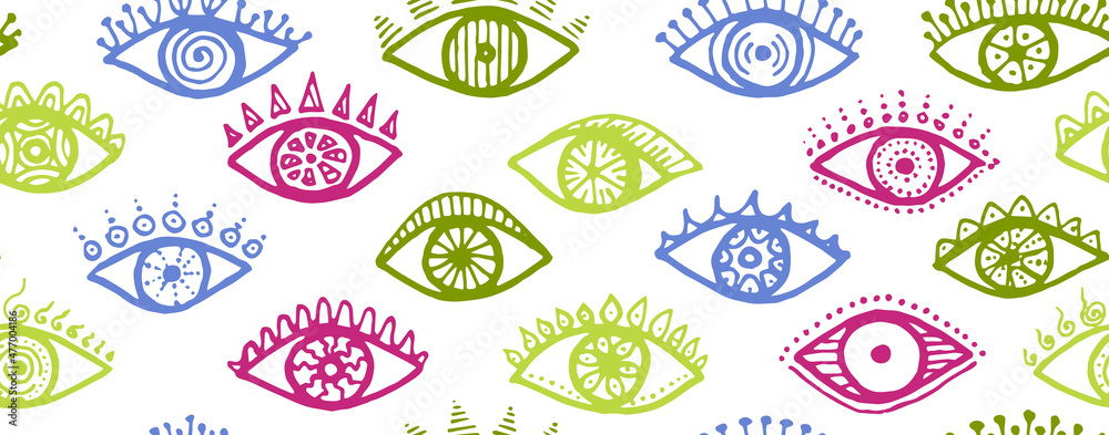 Naklejka premium Doodle open eyes modern repeatable ornament. Pop