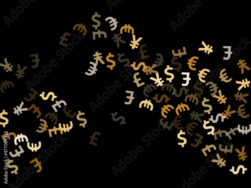 Euro dollar pound yen metallic symbols flying currency vector background. Income pattern. Currency
