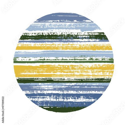Rough circle vector geometric shape with striped texture of paint horizontal lines. Old paint texture disc. Emblem round shape circle logo element with grunge background of stripes.