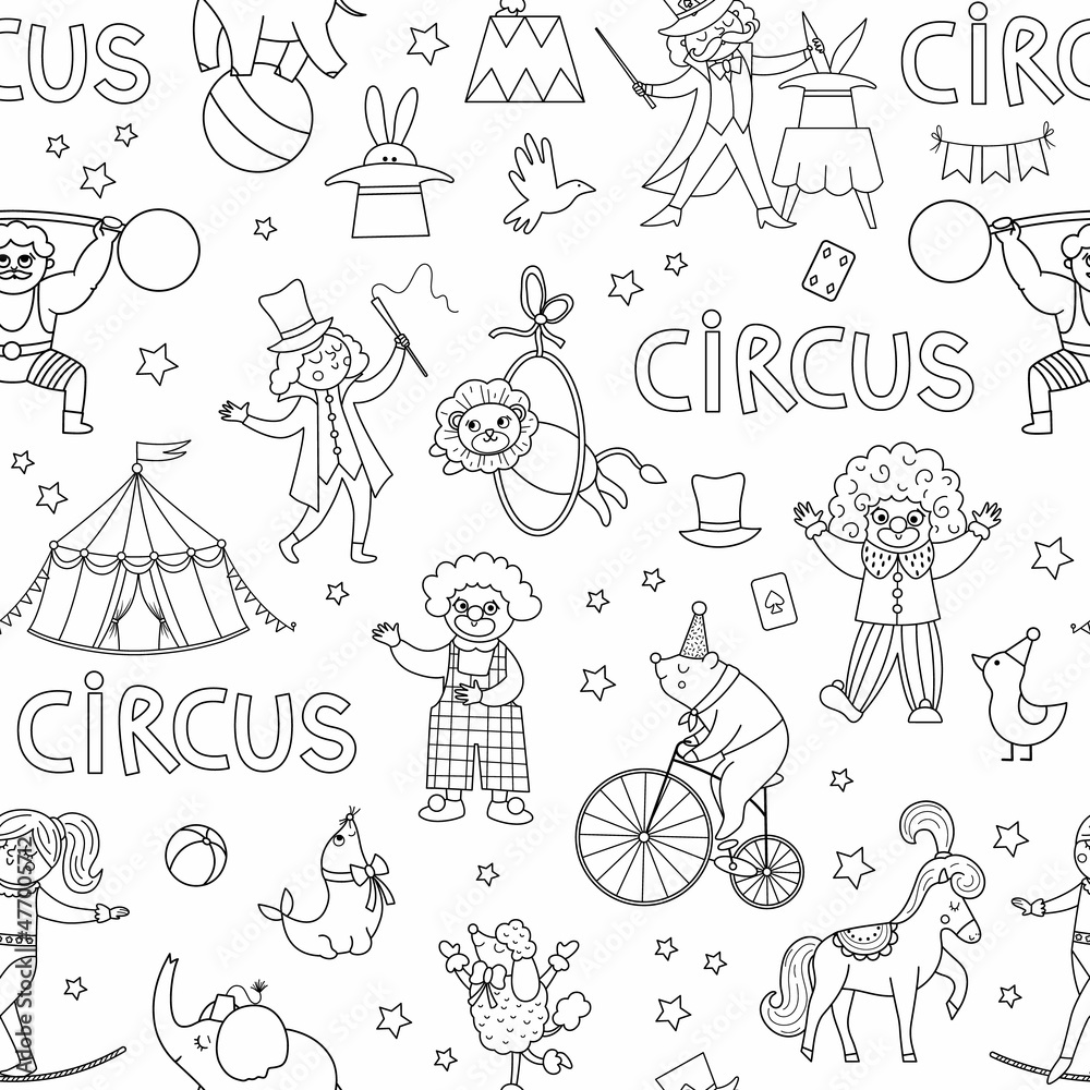 Vector black and white circus seamless pattern. Line repeat background