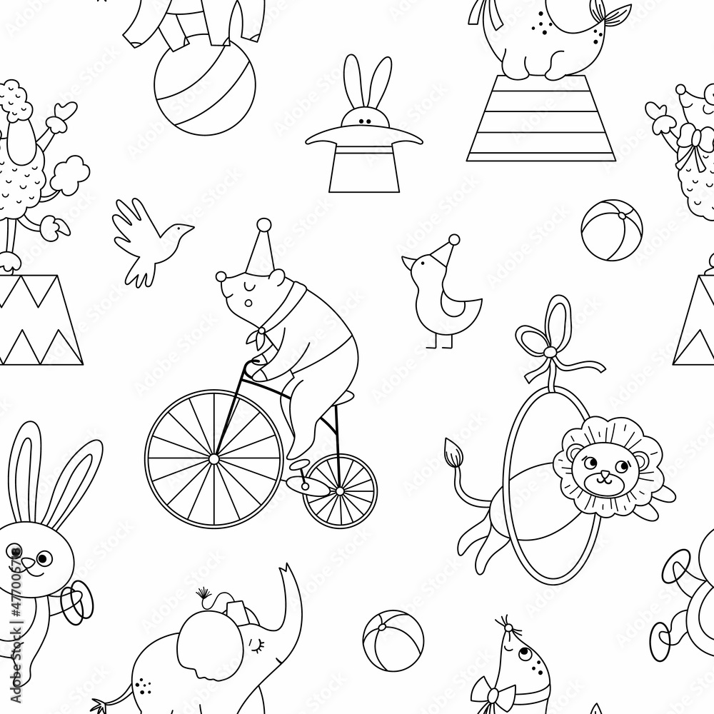 Vector black and white seamless pattern with circus animals. Amusement ...