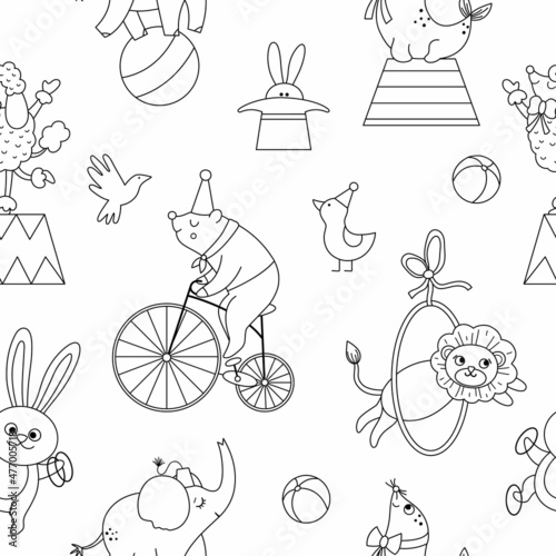 Vector black and white seamless pattern with circus animals. Amusement holiday line repeat background. Digital paper or coloring page with cute funny festival characters.