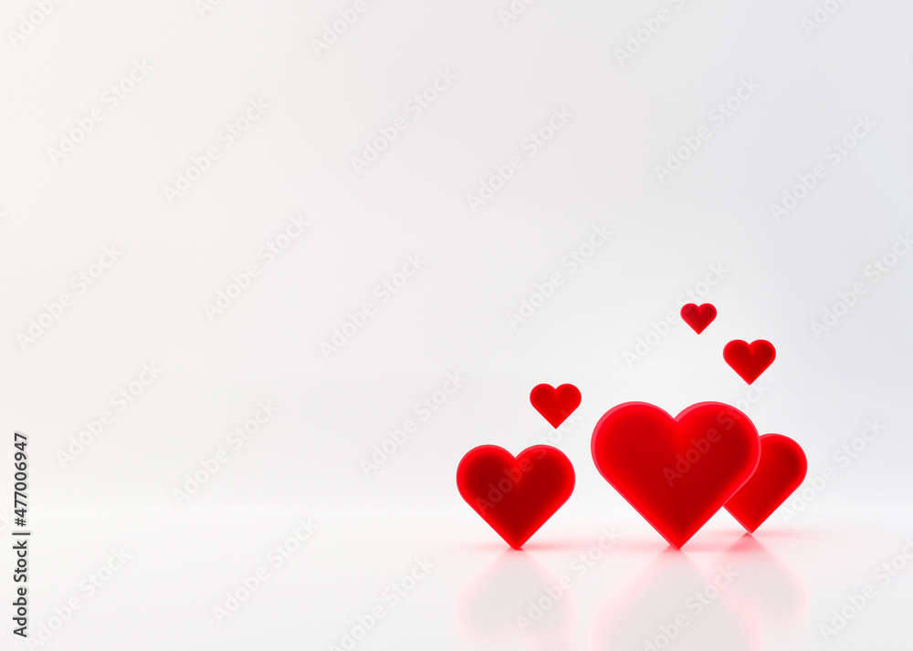 Red hearts on white background. Valentine's Day backdrop with free space for text, copy space. Postcard, greeting card design. 3D illustration. Love. Red hearts on white background. Valentine's Day backdrop with free space for text, copy space. Postcard, greeting card design. 3D illustration. Love.