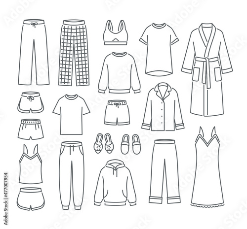 Women home clothes. Simple flat thin line vector icons. Comfortable loungewear garments to wear at home. Pants, shirts, pajamas, bathrobe, sweatshirts, sweatpants and slippers. Outline minimal symbols