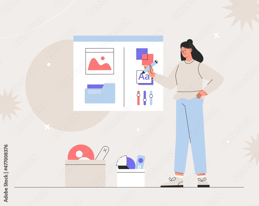 Woman designing new products or improving existing ones. Business brainstorming, UI UX design concept of creating an application. Flat style vector illustration. Woman designing new products or improving existing ones. Business brainstorming, UI UX design concept of creating an application. Flat style vector illustration.