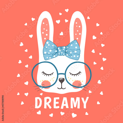 Cute bunny girl. Dreamy little rabbit. Vector illustration for t-shirt graphics, fashion prints and other uses