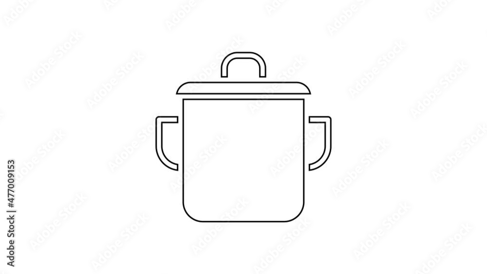 Black line Cooking pot icon isolated on white background. Boil or stew food symbol. 4K Video motion graphic animation Black line Cooking pot icon isolated on white background. Boil or stew food symbol. 4K Video motion graphic animation