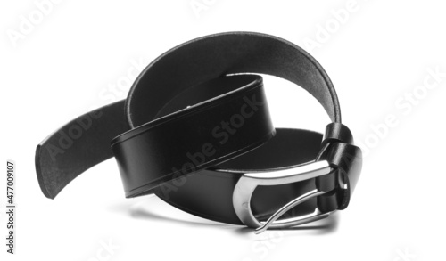 Black new leather belt, strap with metal buckle isolated on white 