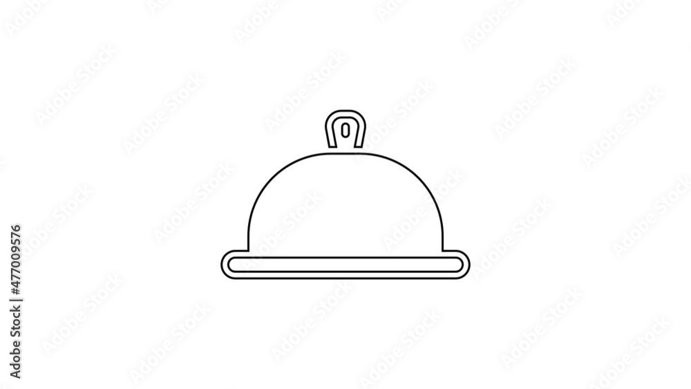 Black line Covered with a tray of food icon isolated on white background. Tray and lid sign. Restaurant cloche with lid. 4K Video motion graphic animation Black line Covered with a tray of food icon isolated on white background. Tray and lid sign. Restaurant cloche with lid. 4K Video motion graphic animation