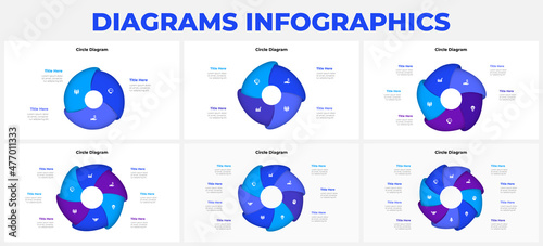 Set with cycle infographics elements for presentation. Concept with 3, 4, 5, 6, 7 and 8 options, parts or steps.