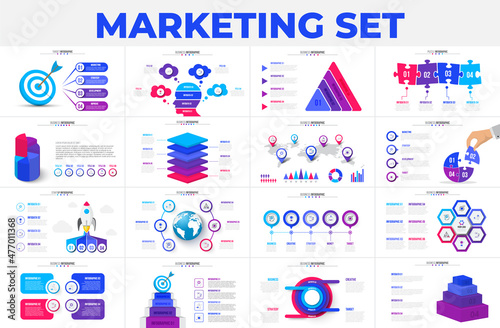 Set of infographic presentation slides. Puzzles, target, goal, rocket, arrows, flowchart and circle diagrams. Vector illustration for business data visualization.