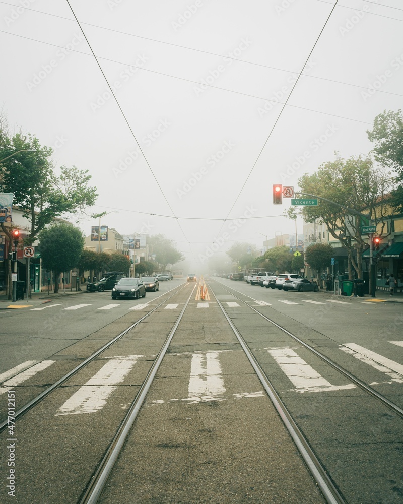 Streetcart tracks on a foggy morning in West Portal, San Francisco, California